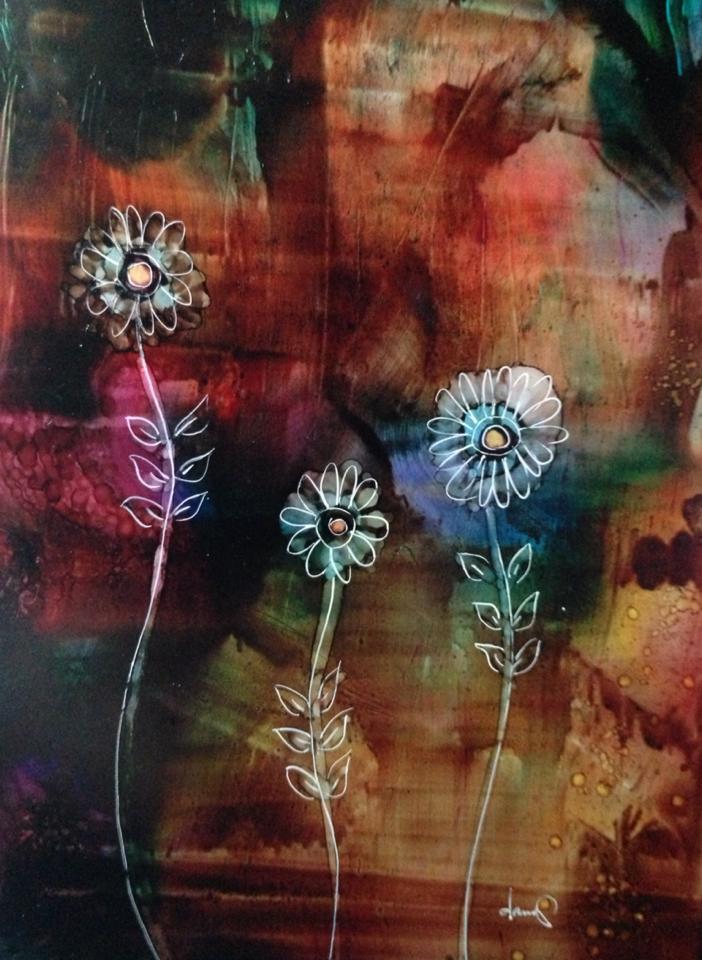 Day 274: Twinkling Night of Flowers in Alcohol Ink on Yupo Paper 