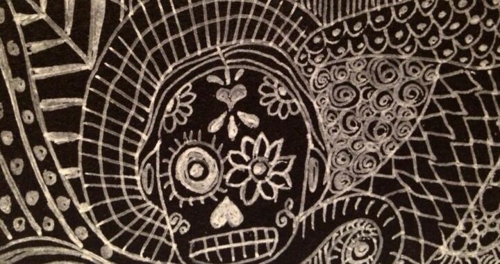 Day 150: Sugar Skull Zentangle in Gel Pen on Black Zentangle Paper
