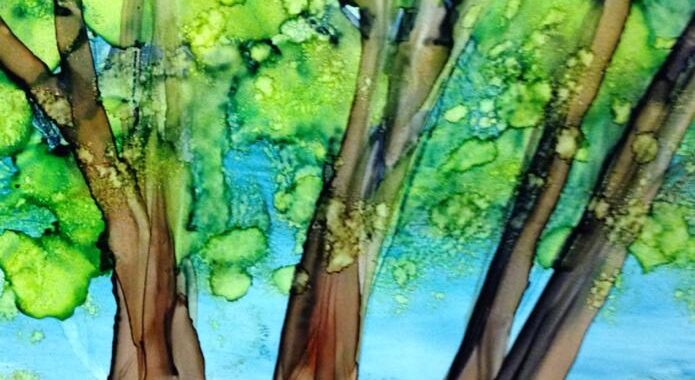 Day 192: Three Trees in Alcohol Ink on Yupo Paper