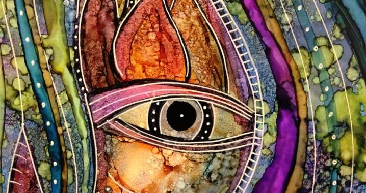 Day 203: Electric Eye in Alcohol Ink and White Gel Pen on Yupo Paper
