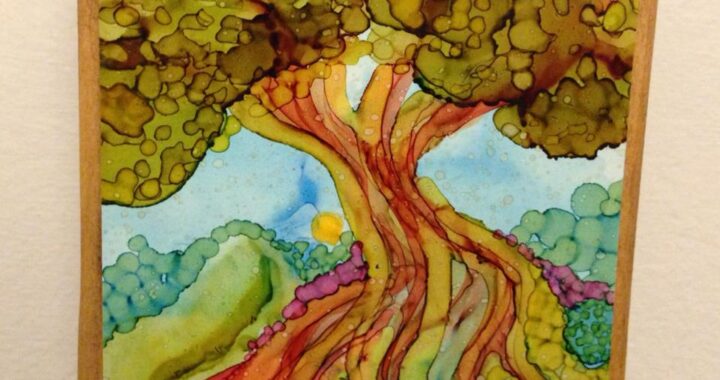 Day 218: Strong Roots in Alcohol Ink on Yupo Paper and Wood