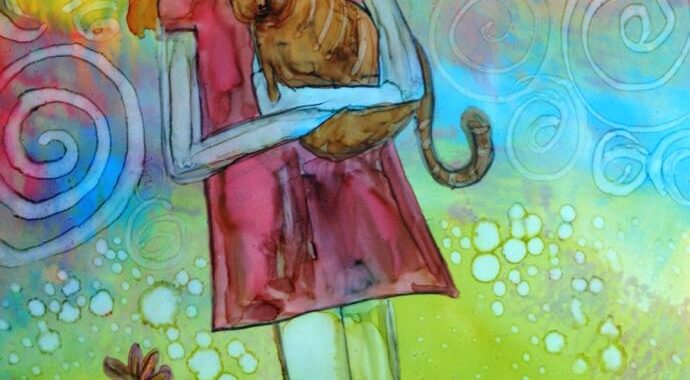 Day 251: Girl With A Cat and A Bird in Alcohol Ink on Yupo Paper