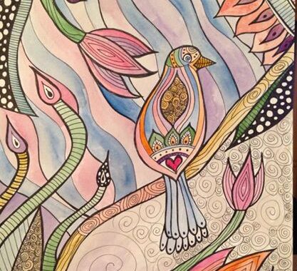 Day 255: Lovely Bird in Sharpie and Watercolor on Watercolor Paper