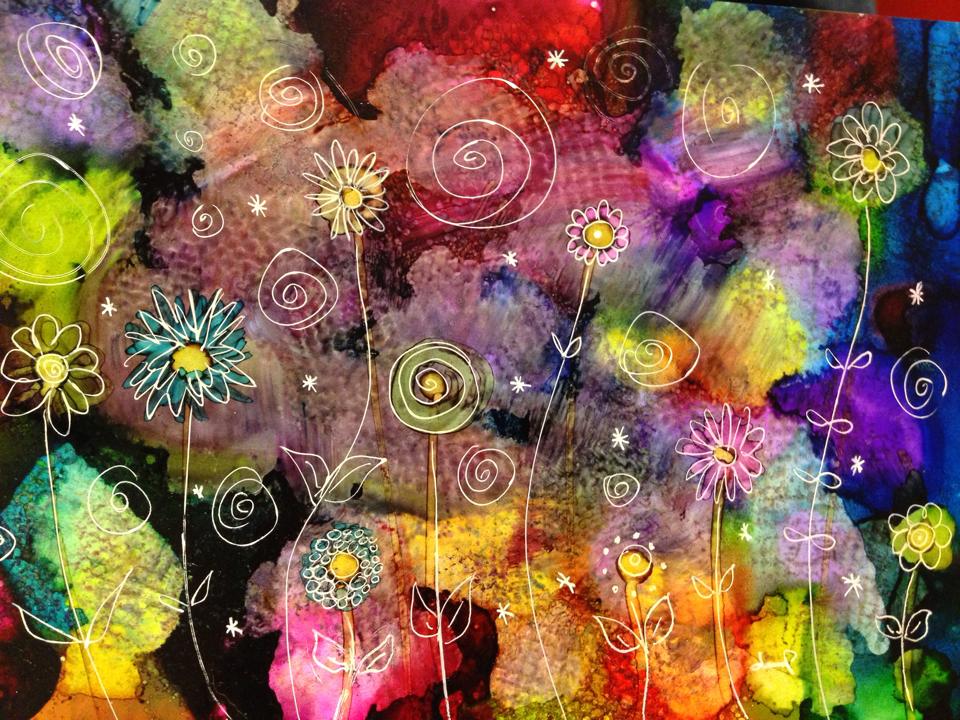 Day 274: Twinkling Night of Flowers in Alcohol Ink on Yupo Paper 